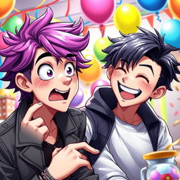 A highly detailed and artistic representation of two male characters in a playful and humorous setting, capturing a moment of exaggerated surprise and comic expression
