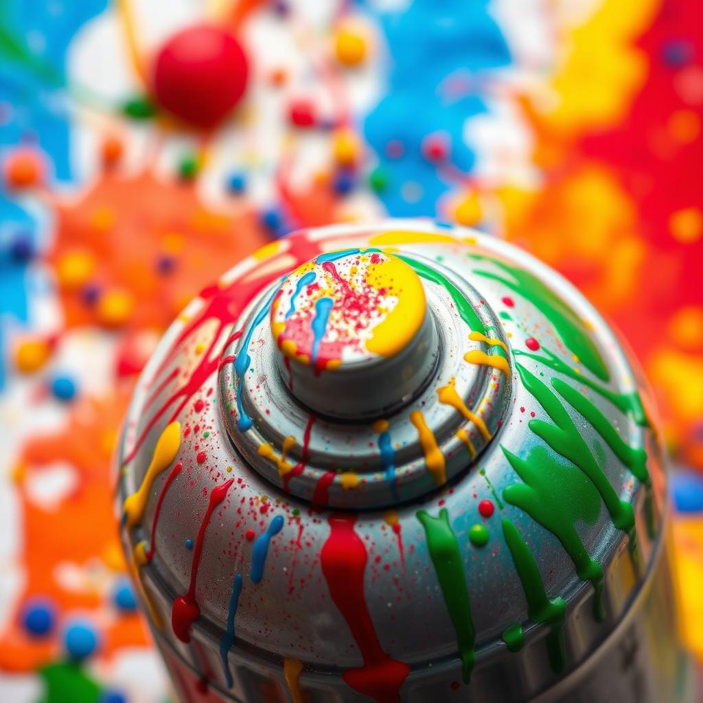 A close-up view of a colorful spray paint cap, showcasing intricate spray patterns in the surrounding area