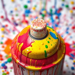 A close-up view of a colorful spray paint cap, showcasing intricate spray patterns in the surrounding area