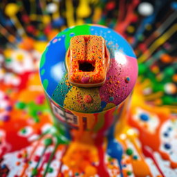 A close-up view of a colorful spray paint cap, showcasing intricate spray patterns in the surrounding area