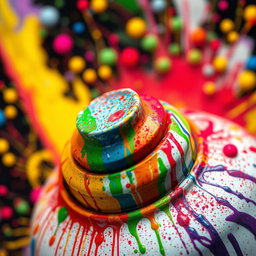 A close-up view of a colorful spray paint cap, showcasing intricate spray patterns in the surrounding area