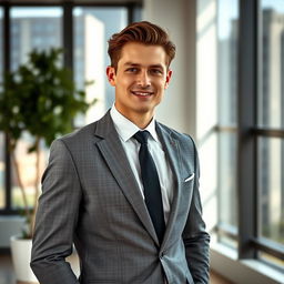 A well-dressed gentleman standing confidently in a modern office setting