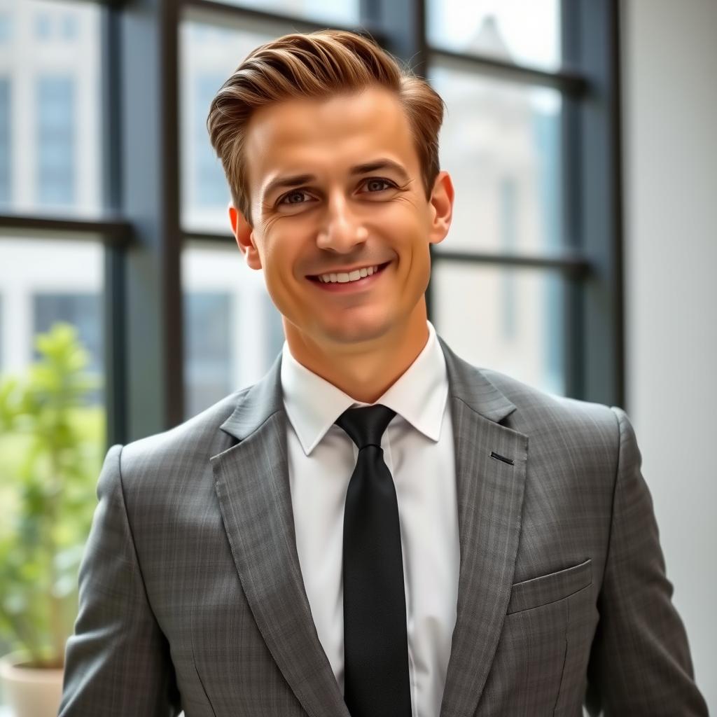 A well-dressed gentleman standing confidently in a modern office setting