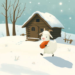 In a whimsical winter scene, a cozy wooden cabin sits amidst a blanket of fresh white snow