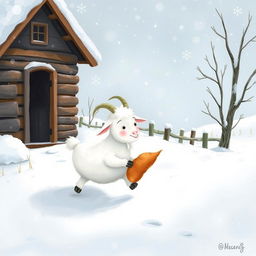 In a whimsical winter scene, a cozy wooden cabin sits amidst a blanket of fresh white snow