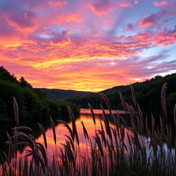 A stunning and harmonious blend of two images, featuring a beautiful sunset over a serene lake surrounded by lush green forests