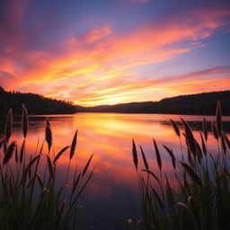 A stunning and harmonious blend of two images, featuring a beautiful sunset over a serene lake surrounded by lush green forests