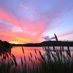 A stunning and harmonious blend of two images, featuring a beautiful sunset over a serene lake surrounded by lush green forests