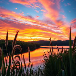 A stunning and harmonious blend of two images, featuring a beautiful sunset over a serene lake surrounded by lush green forests
