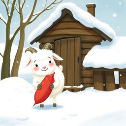 In a delightful winter scene, outside a quaint wooden cabin surrounded by a blanket of snow, a fluffy white goat is cheerfully holding a red sweet potato in its hooves as it prepares to step out into the snowy landscape