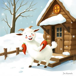 In a delightful winter scene, outside a quaint wooden cabin surrounded by a blanket of snow, a fluffy white goat is cheerfully holding a red sweet potato in its hooves as it prepares to step out into the snowy landscape
