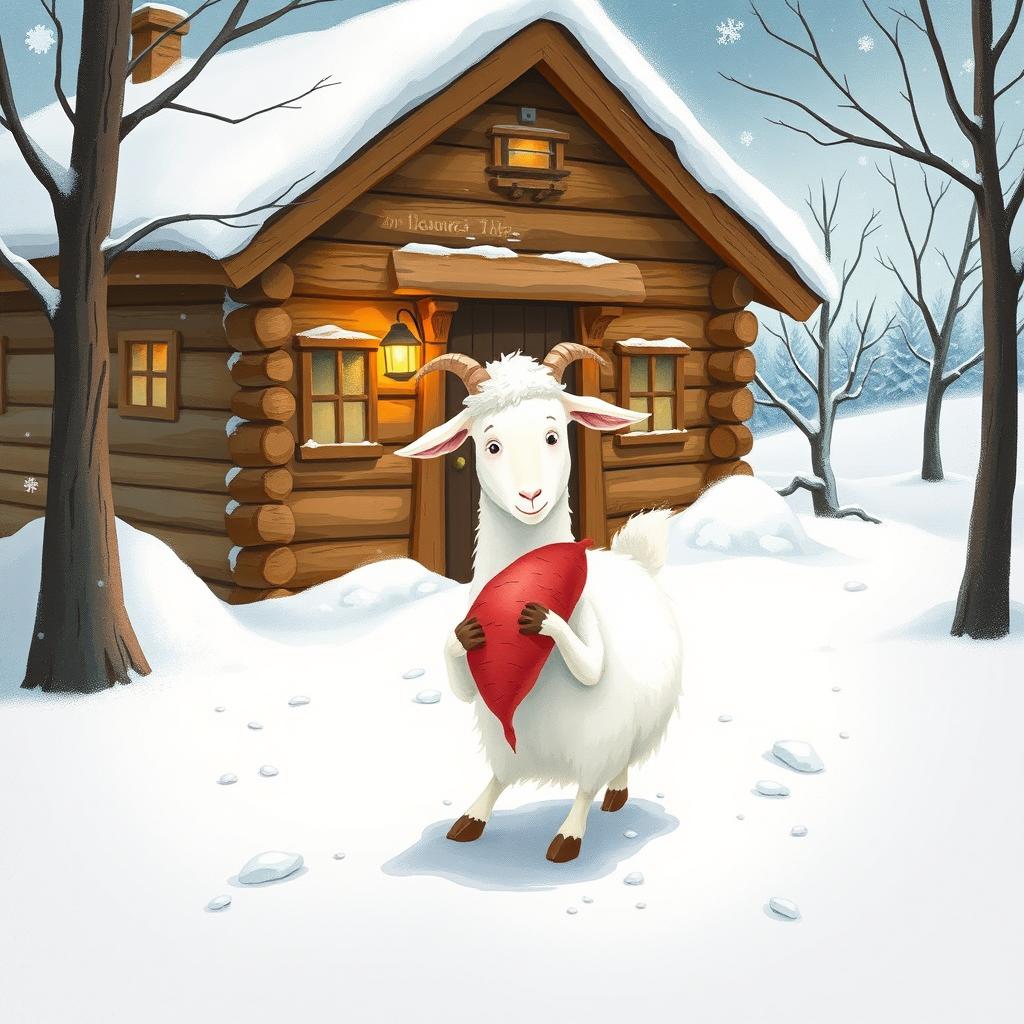 In a delightful winter scene, outside a quaint wooden cabin surrounded by a blanket of snow, a fluffy white goat is cheerfully holding a red sweet potato in its hooves as it prepares to step out into the snowy landscape