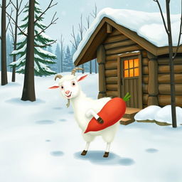 In a delightful winter scene, outside a quaint wooden cabin surrounded by a blanket of snow, a fluffy white goat is cheerfully holding a red sweet potato in its hooves as it prepares to step out into the snowy landscape
