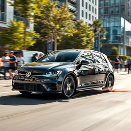 A stunning scene of a Golf R7 performing a dynamic spin in a public area, such as a bustling urban street or a vibrant park