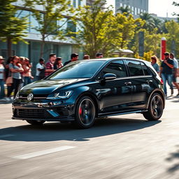 A stunning scene of a Golf R7 performing a dynamic spin in a public area, such as a bustling urban street or a vibrant park