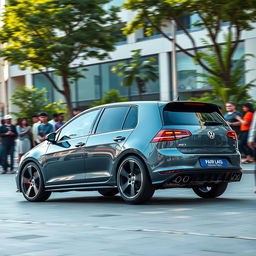 A stunning scene of a Golf R7 performing a dynamic spin in a public area, such as a bustling urban street or a vibrant park