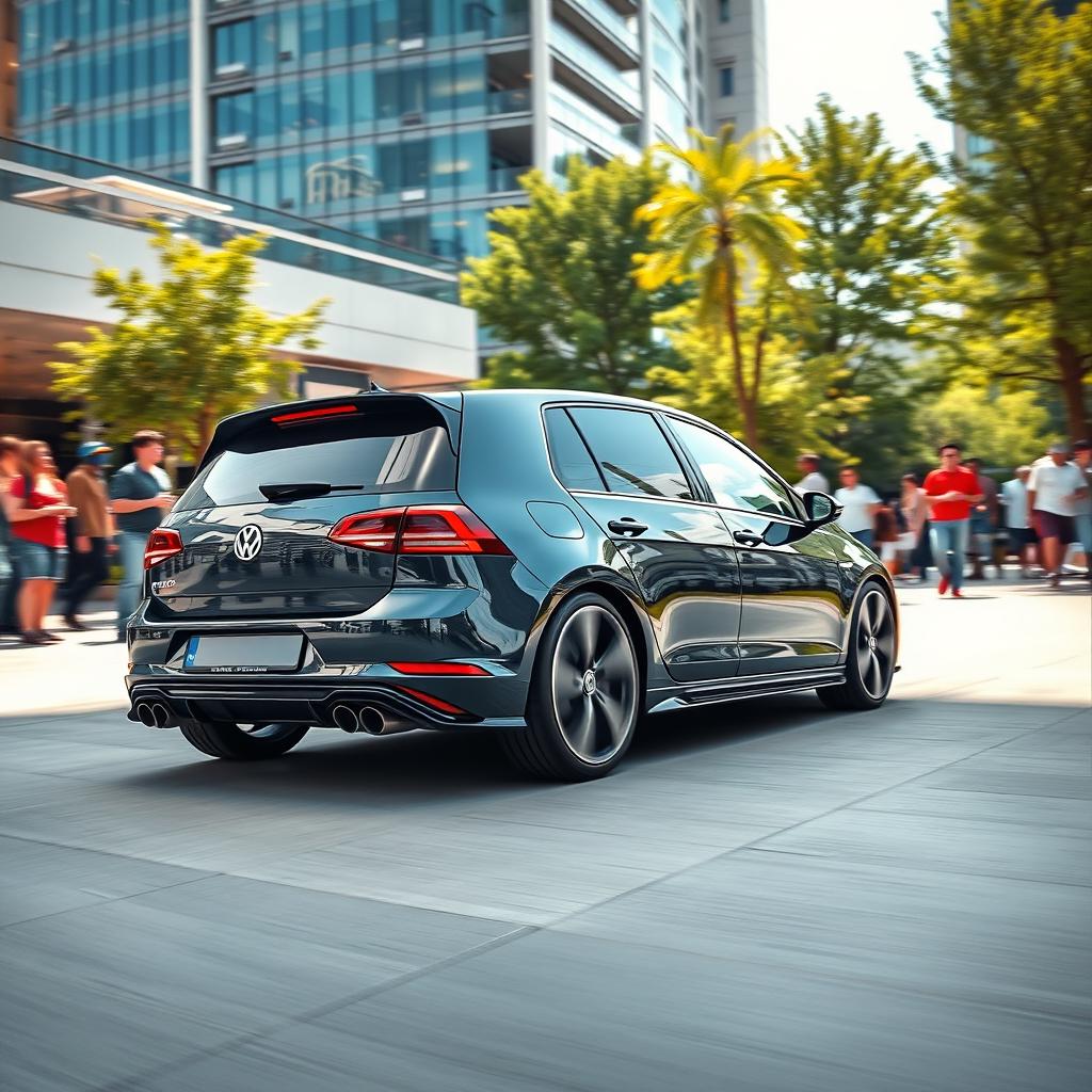 A stunning scene of a Golf R7 performing a dynamic spin in a public area, such as a bustling urban street or a vibrant park