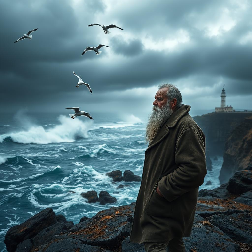 A rugged and dramatic coastal scene featuring a weathered shorekeeper standing on a rocky outcrop overlooking a stormy sea