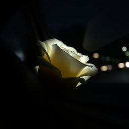 A darkened white rose with soft shadows, beautifully illuminated by a flasher light effect that creates a glowing aura around it
