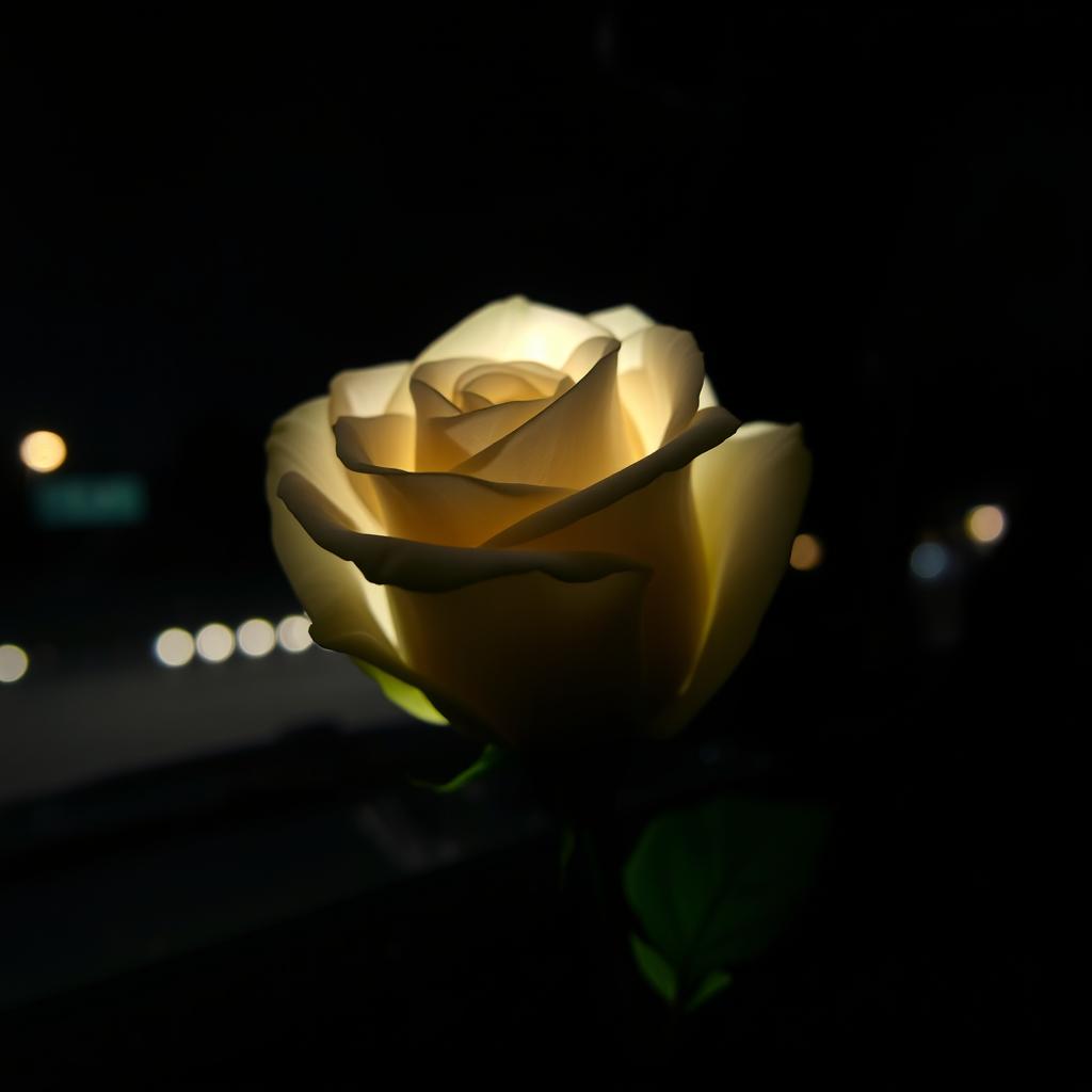 A darkened white rose with soft shadows, beautifully illuminated by a flasher light effect that creates a glowing aura around it