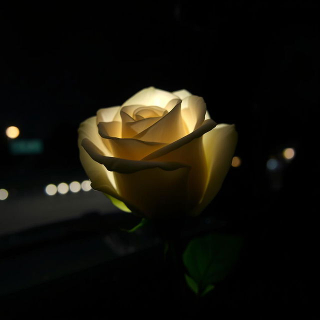 A darkened white rose with soft shadows, beautifully illuminated by a flasher light effect that creates a glowing aura around it