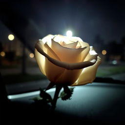A darkened white rose with soft shadows, beautifully illuminated by a flasher light effect that creates a glowing aura around it