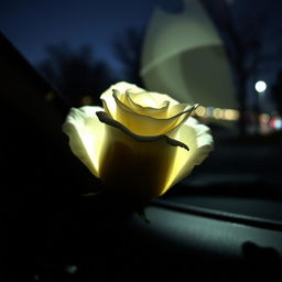 A darkened white rose with soft shadows, beautifully illuminated by a flasher light effect that creates a glowing aura around it