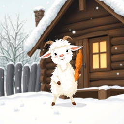 In a charming winter scene outside a cozy wooden cabin blanketed with fresh snow, a fluffy white goat is playfully holding a sweet potato in its hooves as it prepares to step out into the snowy landscape
