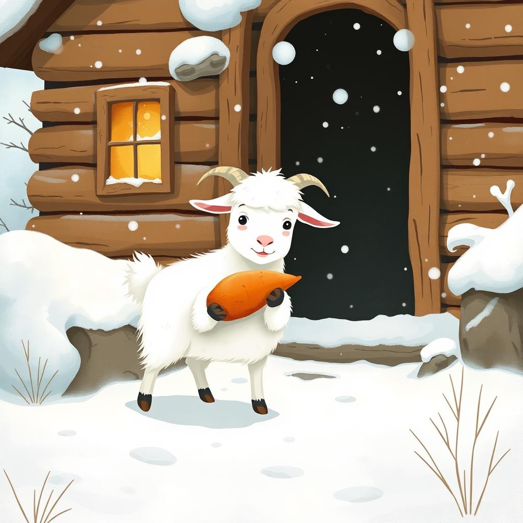 In a charming winter scene outside a cozy wooden cabin blanketed with fresh snow, a fluffy white goat is playfully holding a sweet potato in its hooves as it prepares to step out into the snowy landscape