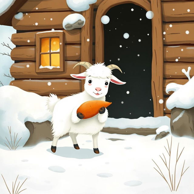 In a charming winter scene outside a cozy wooden cabin blanketed with fresh snow, a fluffy white goat is playfully holding a sweet potato in its hooves as it prepares to step out into the snowy landscape