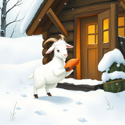 In a charming winter scene outside a cozy wooden cabin blanketed with fresh snow, a fluffy white goat is playfully holding a sweet potato in its hooves as it prepares to step out into the snowy landscape