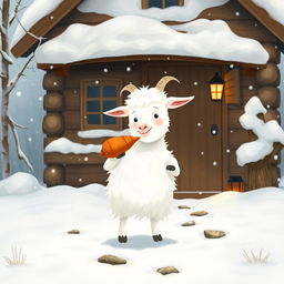 In a charming winter scene outside a cozy wooden cabin blanketed with fresh snow, a fluffy white goat is playfully holding a sweet potato in its hooves as it prepares to step out into the snowy landscape