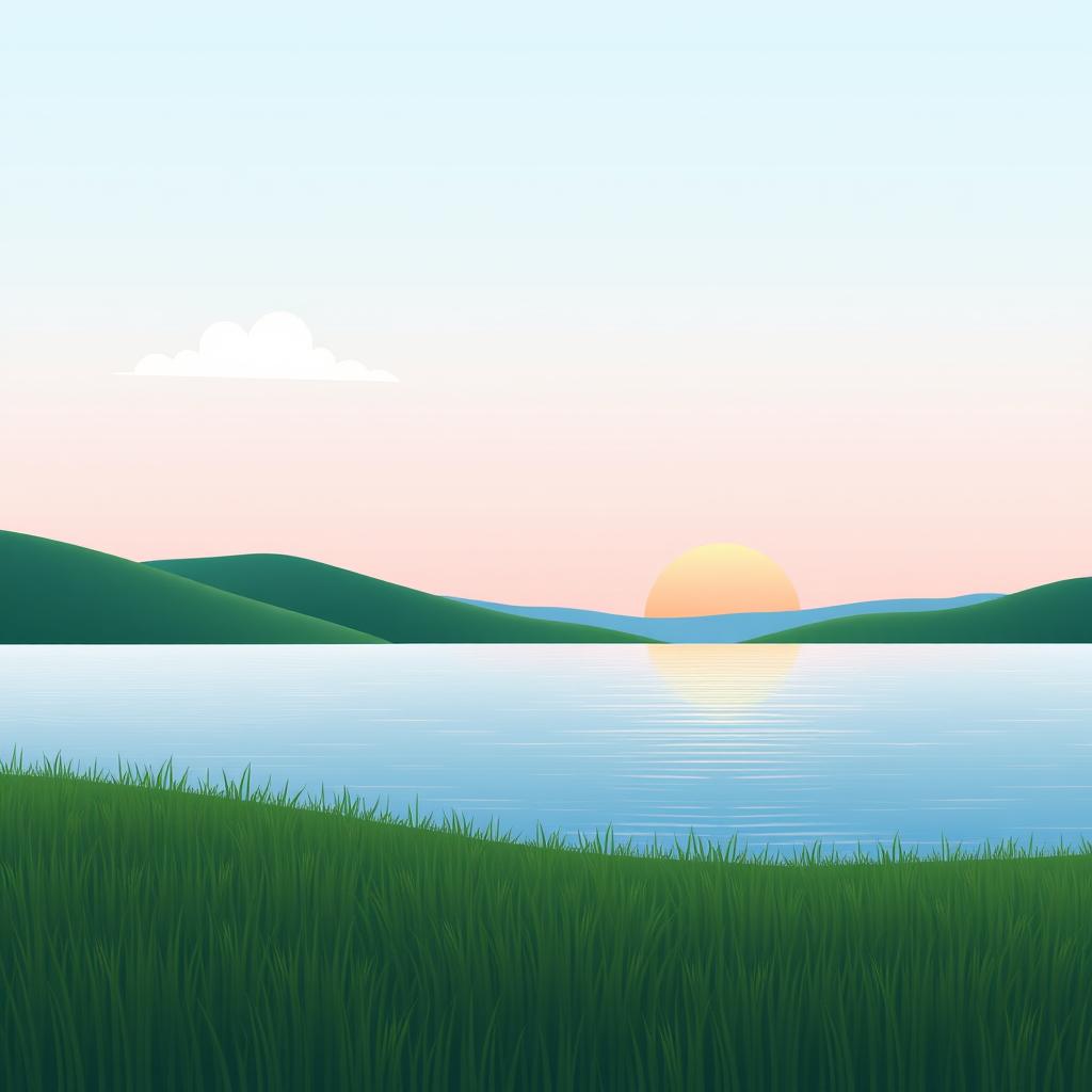A minimalist design featuring a serene landscape with rolling hills, a calm blue lake, and a soft gradient sky transitioning from light blue to pastel pink at sunset
