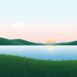 A minimalist design featuring a serene landscape with rolling hills, a calm blue lake, and a soft gradient sky transitioning from light blue to pastel pink at sunset