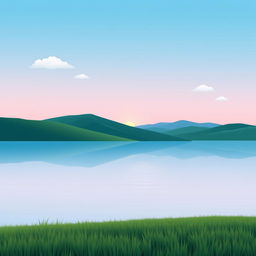 A minimalist design featuring a serene landscape with rolling hills, a calm blue lake, and a soft gradient sky transitioning from light blue to pastel pink at sunset