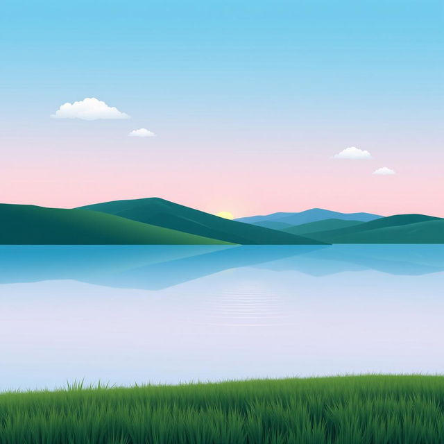 A minimalist design featuring a serene landscape with rolling hills, a calm blue lake, and a soft gradient sky transitioning from light blue to pastel pink at sunset
