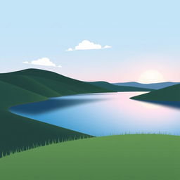 A minimalist design featuring a serene landscape with rolling hills, a calm blue lake, and a soft gradient sky transitioning from light blue to pastel pink at sunset