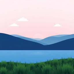 A minimalist design featuring a serene landscape with rolling hills, a calm blue lake, and a soft gradient sky transitioning from light blue to pastel pink at sunset