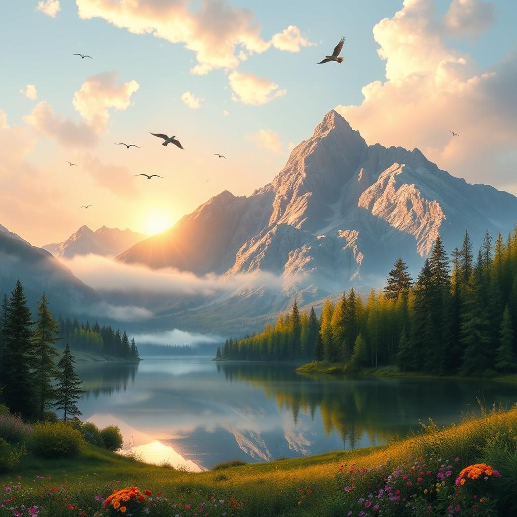 A stunning and vibrant digital painting of a serene landscape featuring a majestic mountain range bathed in golden sunlight at sunrise