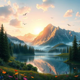 A stunning and vibrant digital painting of a serene landscape featuring a majestic mountain range bathed in golden sunlight at sunrise