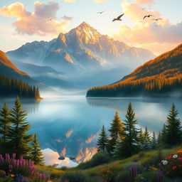 A stunning and vibrant digital painting of a serene landscape featuring a majestic mountain range bathed in golden sunlight at sunrise