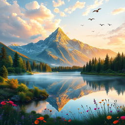 A stunning and vibrant digital painting of a serene landscape featuring a majestic mountain range bathed in golden sunlight at sunrise