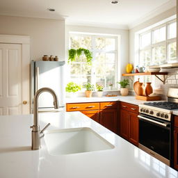 A clean and well-organized kitchen with a sparkling white sink and gleaming countertops