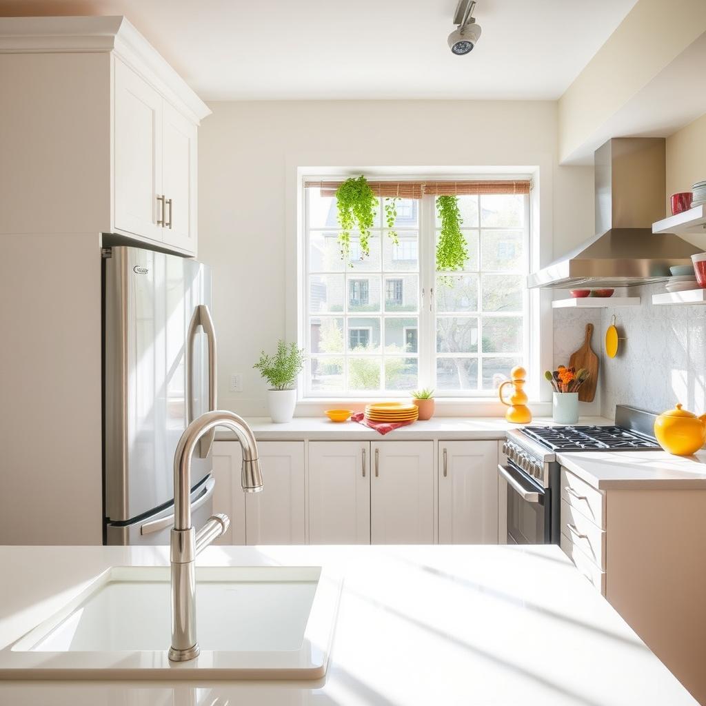 A clean and well-organized kitchen with a sparkling white sink and gleaming countertops