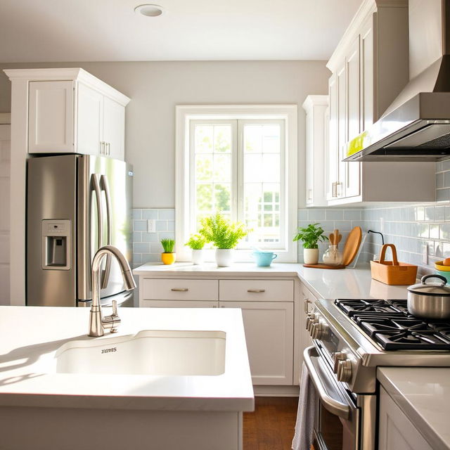 A clean and well-organized kitchen with a sparkling white sink and gleaming countertops