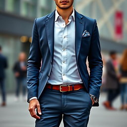 A stylish and intellectual costume representing sociology for men, featuring a classic tailored blazer with a sociological-themed pattern (like social networks or community structures), layered over a crisp white dress shirt