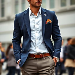 A stylish and intellectual costume representing sociology for men, featuring a classic tailored blazer with a sociological-themed pattern (like social networks or community structures), layered over a crisp white dress shirt