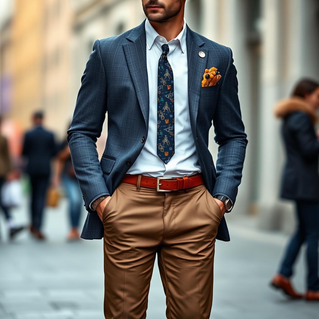 A stylish and intellectual costume representing sociology for men, featuring a classic tailored blazer with a sociological-themed pattern (like social networks or community structures), layered over a crisp white dress shirt