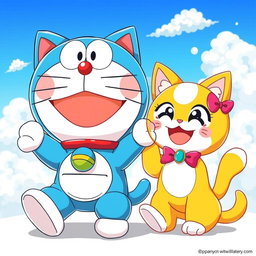 A vibrant and colorful wallpaper featuring Doremon and Dorami, two adorable robotic cats