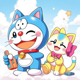 A vibrant and colorful wallpaper featuring Doremon and Dorami, two adorable robotic cats